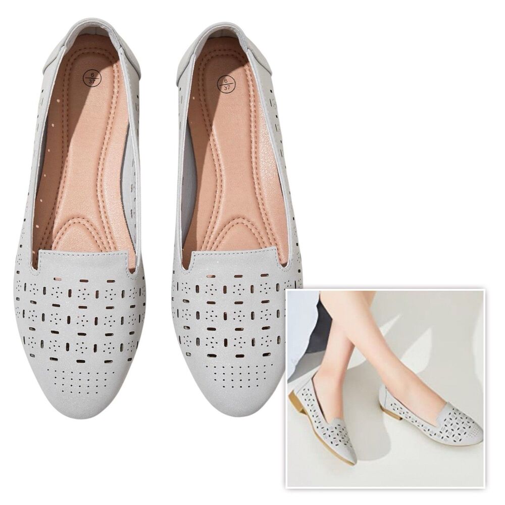 Rominz Women's Flats Shoes Comfortable Grey PU Leather Ballet Flats Size 6